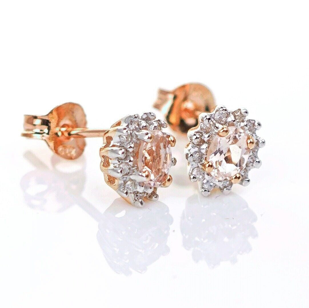 9ct Morganite Diamond  Earrings Studs Rose Gold Pink  0.3 ct  Natural Gemstonee