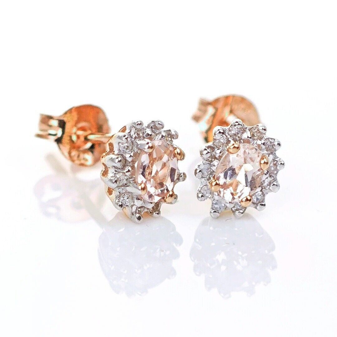 9ct Morganite Diamond  Earrings Studs Rose Gold Pink  0.3 ct  Natural Gemstonee