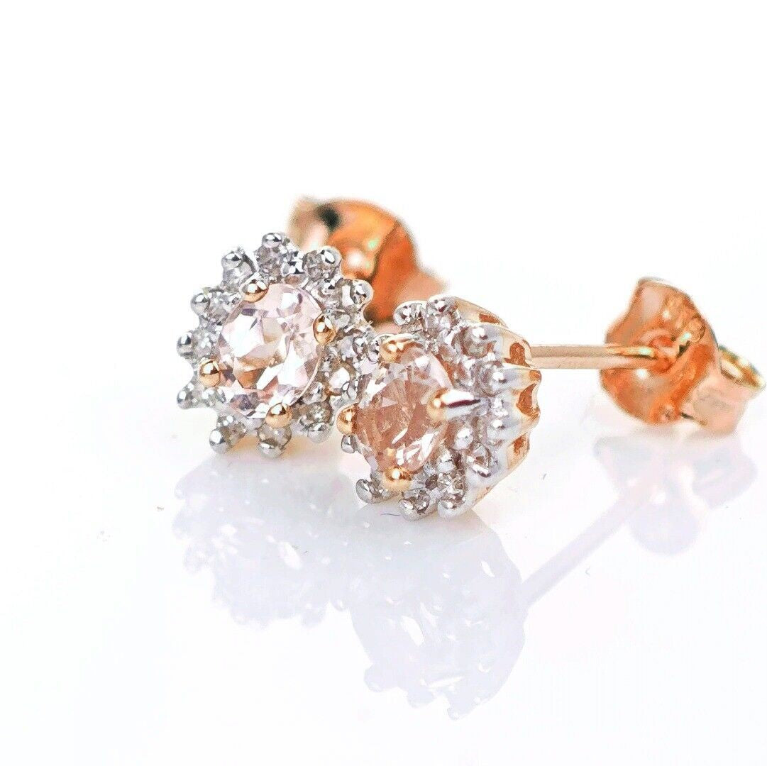 9ct Morganite Diamond  Earrings Studs Rose Gold Pink  0.3 ct  Natural Gemstonee