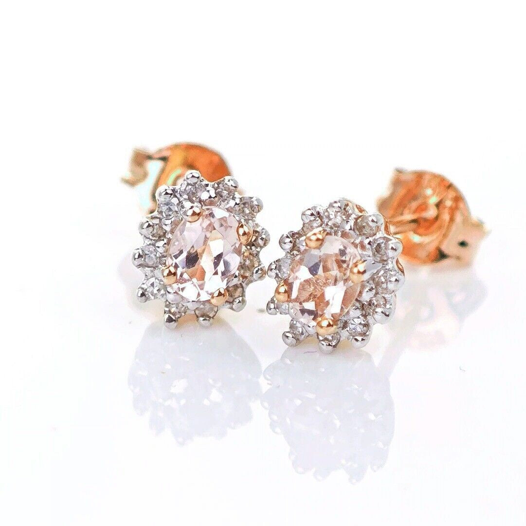9ct Morganite Diamond  Earrings Studs Rose Gold Pink  0.3 ct  Natural Gemstonee