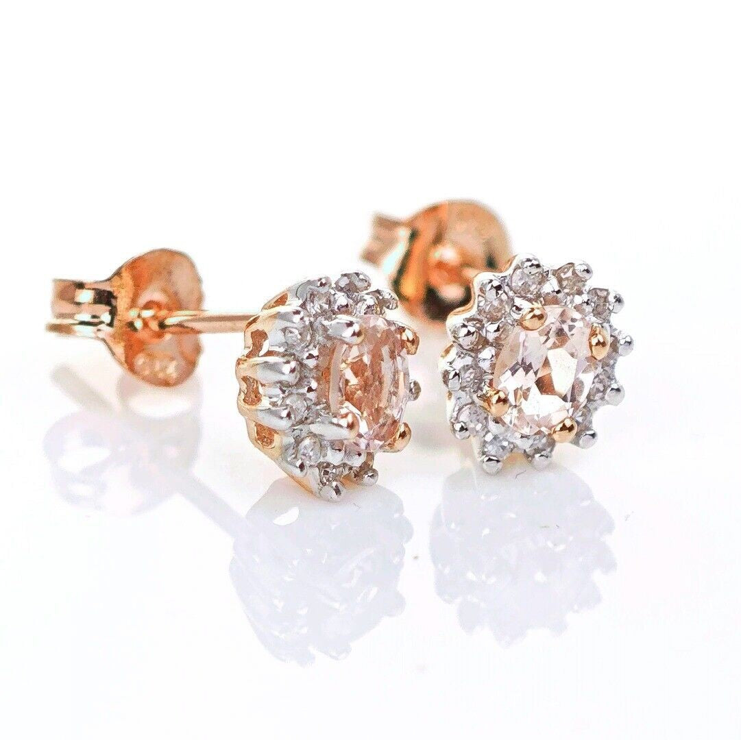 9ct Morganite Diamond  Earrings Studs Rose Gold Pink  0.3 ct  Natural Gemstonee