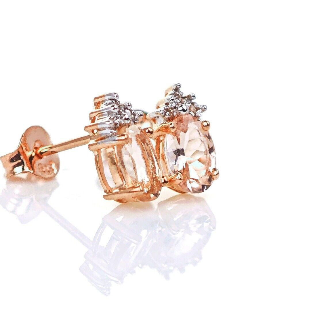 9ct Morganite Diamond  Earrings Studs Rose Gold Pink  0.82 ct  Natural Gemstone