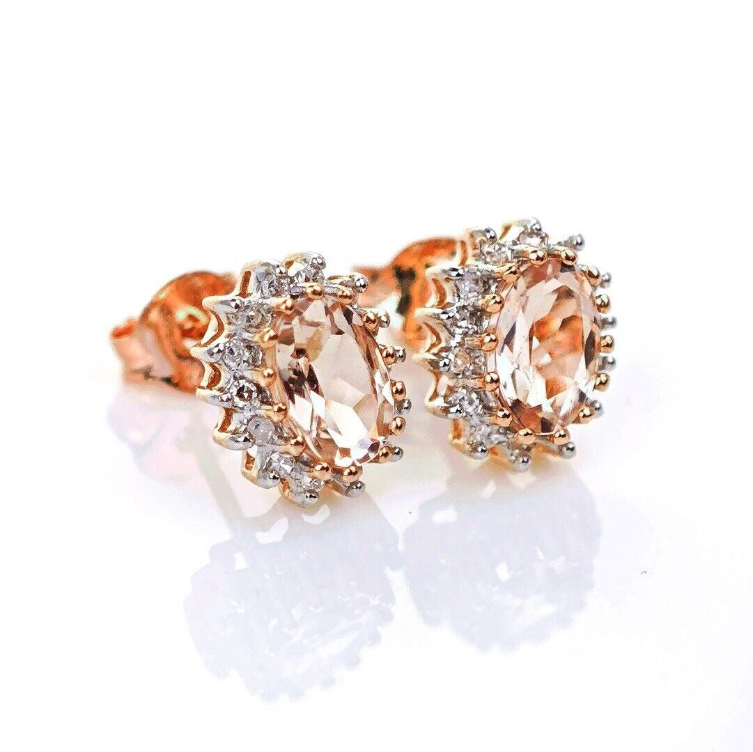 9ct Morganite Diamond  Earrings Studs Rose Gold Pink  0.82 ct  Natural Gemstone