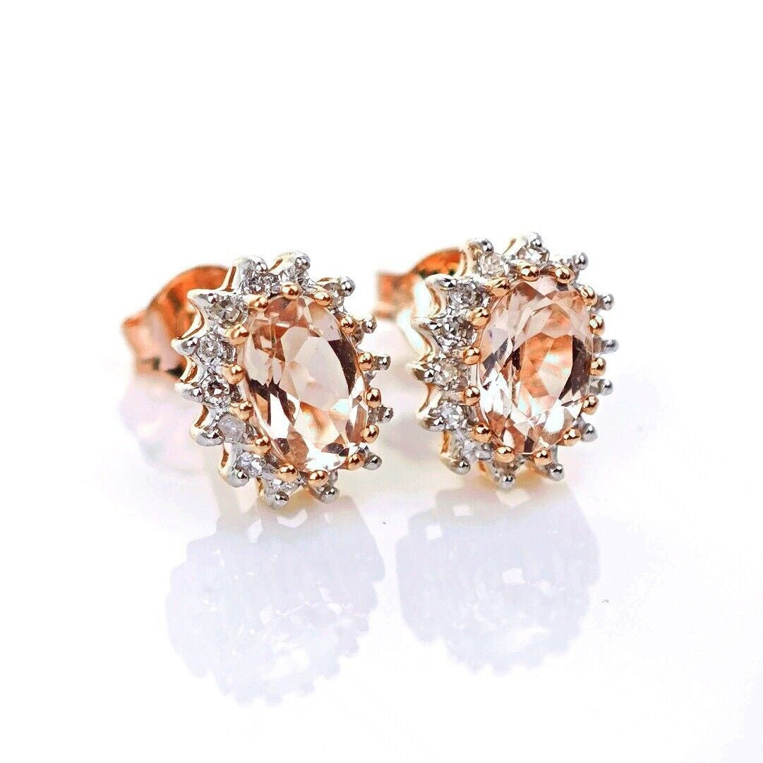 9ct Morganite Diamond  Earrings Studs Rose Gold Pink  0.82 ct  Natural Gemstone