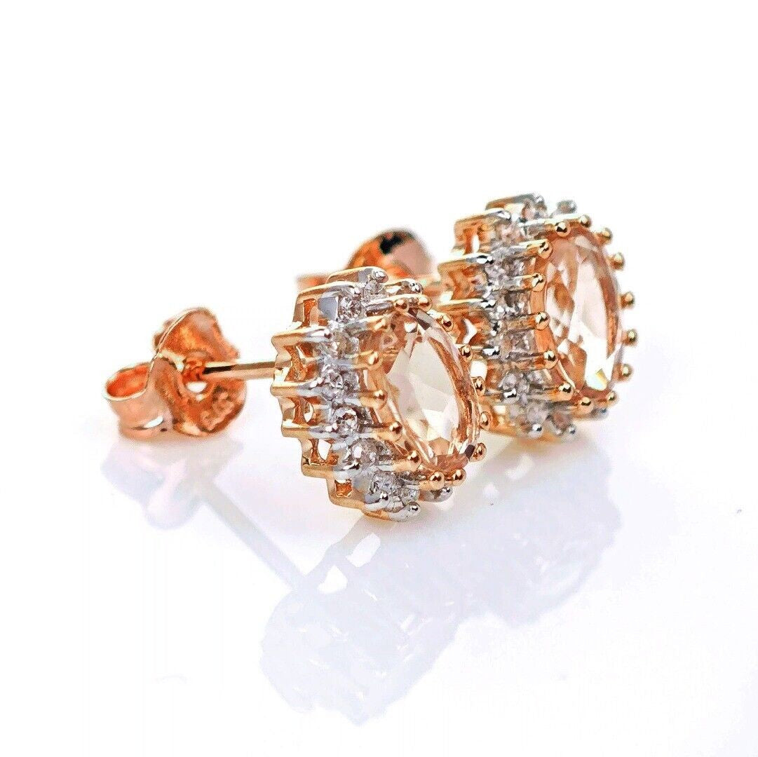 9ct Morganite Diamond  Earrings Studs Rose Gold Pink  0.82 ct  Natural Gemstone