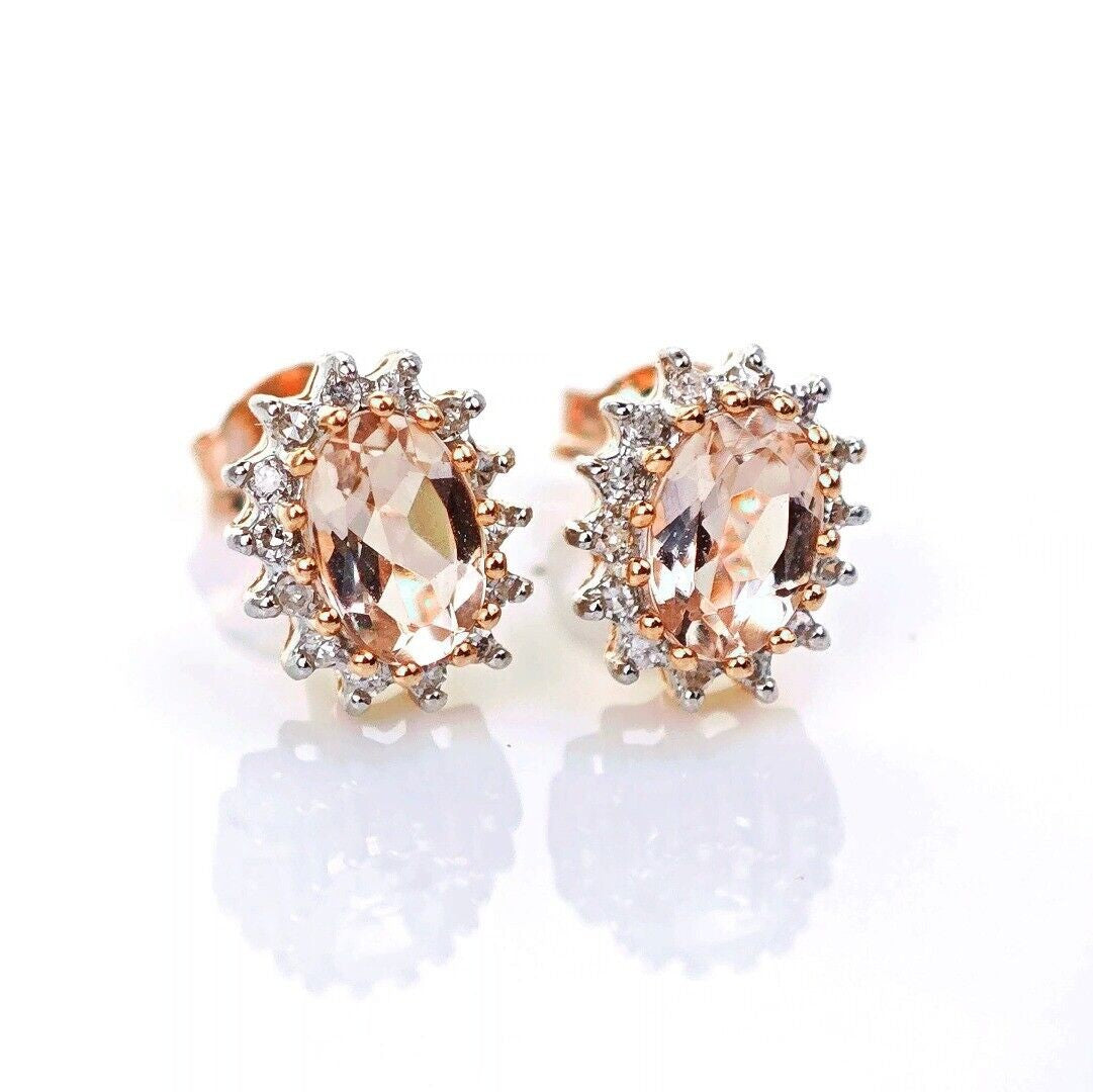9ct Morganite Diamond  Earrings Studs Rose Gold Pink  0.82 ct  Natural Gemstone