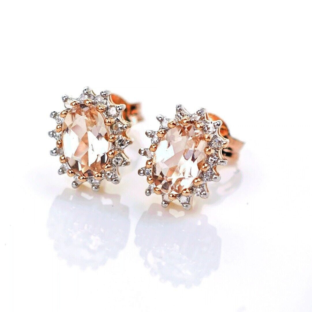 9ct Morganite Diamond  Earrings Studs Rose Gold Pink  0.82 ct  Natural Gemstone