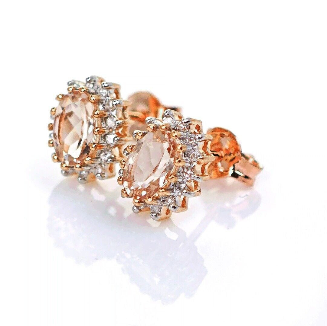 9ct Morganite Diamond  Earrings Studs Rose Gold Pink  0.82 ct  Natural Gemstone