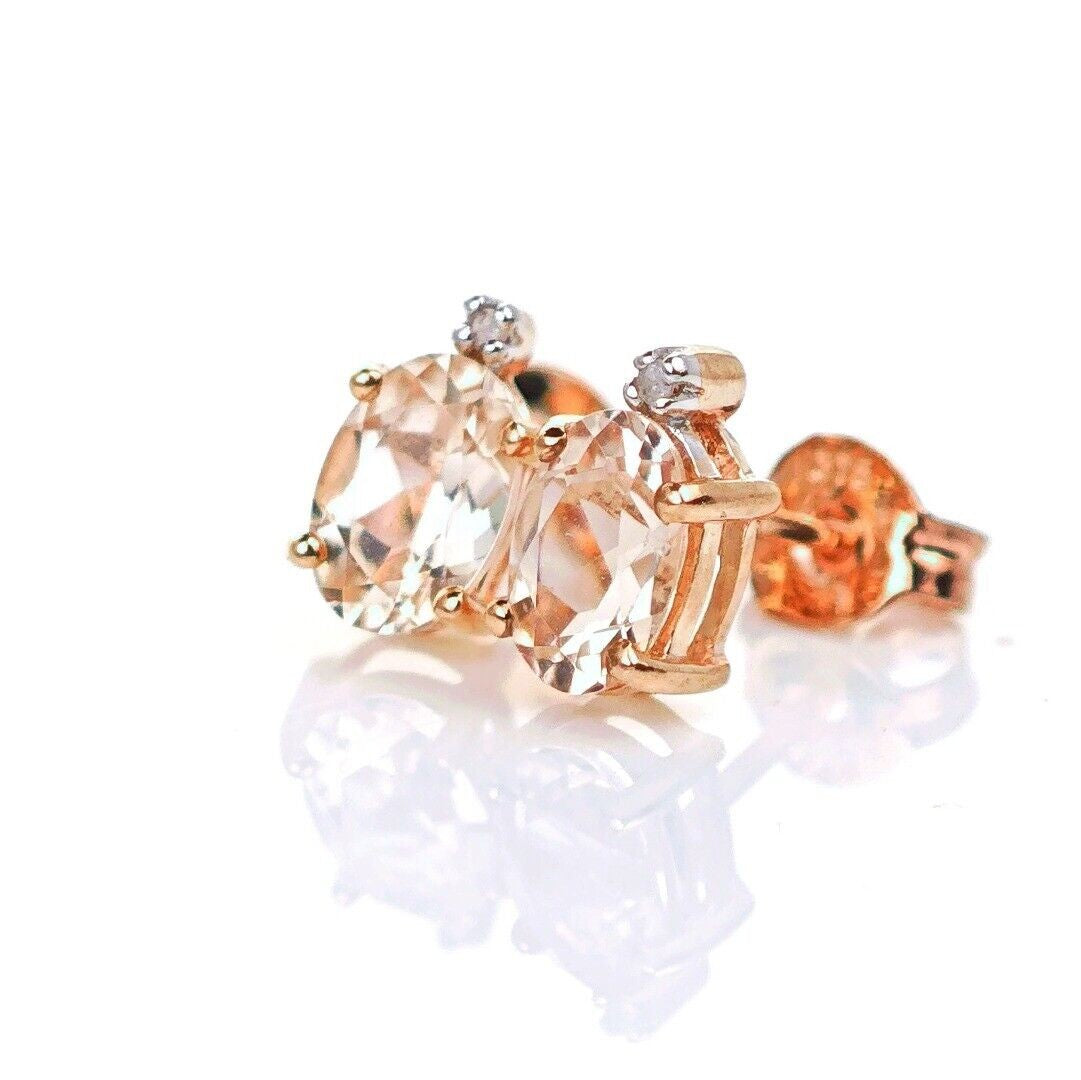 9ct Morganite Diamond  Earrings Studs Rose Gold Pink  0.82 ct Natural Gemstone