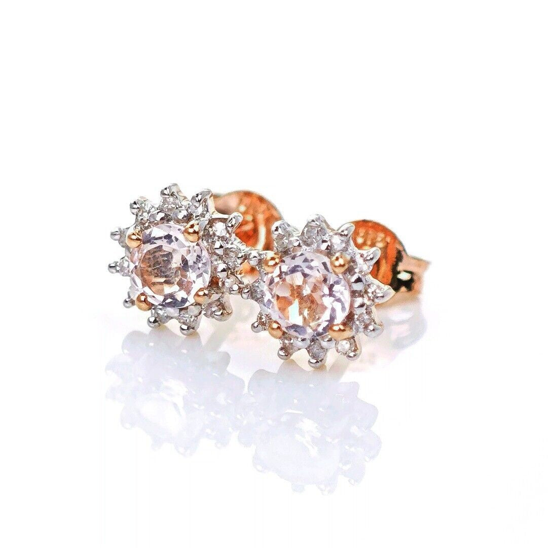 9ct Morganite Diamond  Earrings Studs Rose Gold Pink  0.46 ct  Natural Gemstone