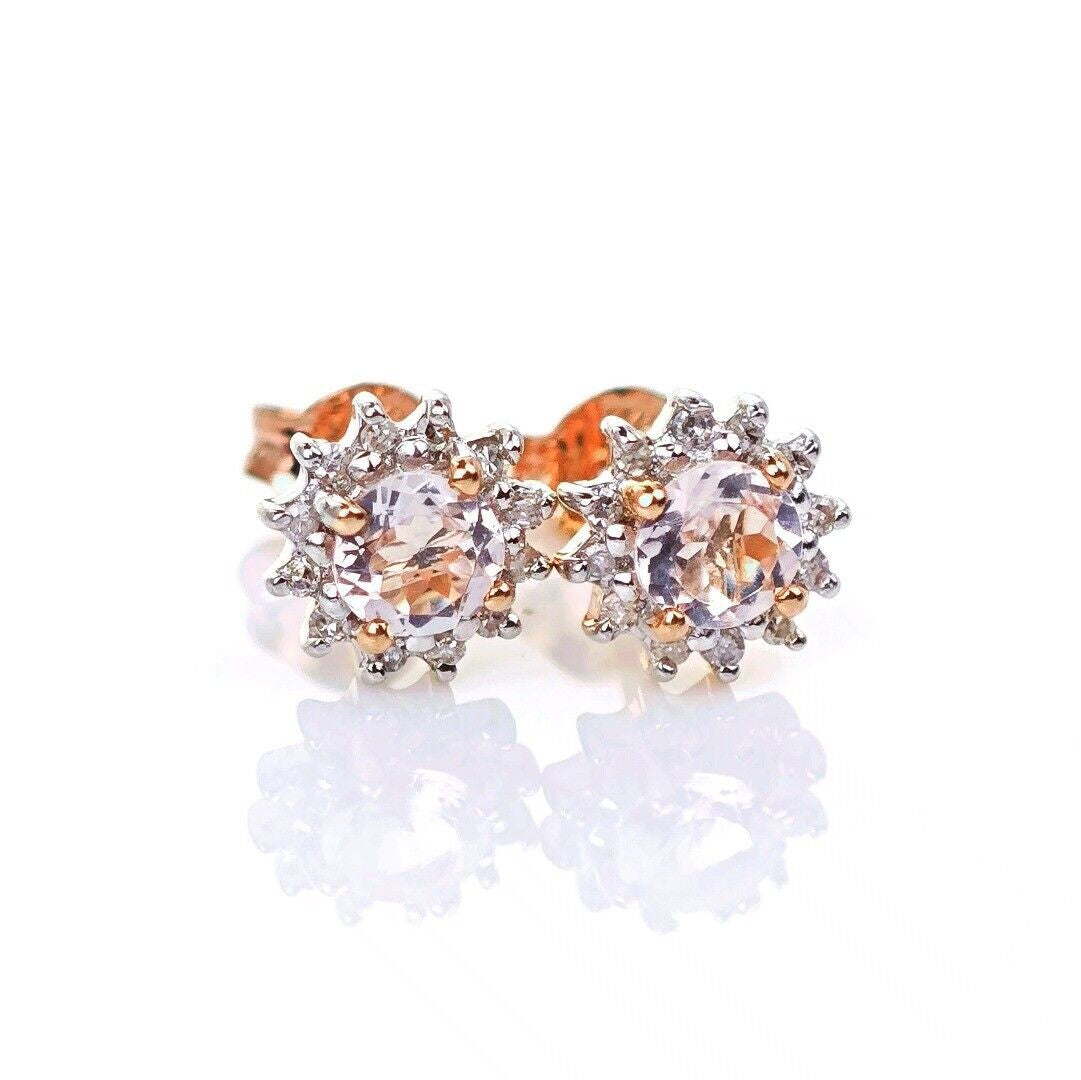9ct Morganite Diamond  Earrings Studs Rose Gold Pink  0.46 ct  Natural Gemstone