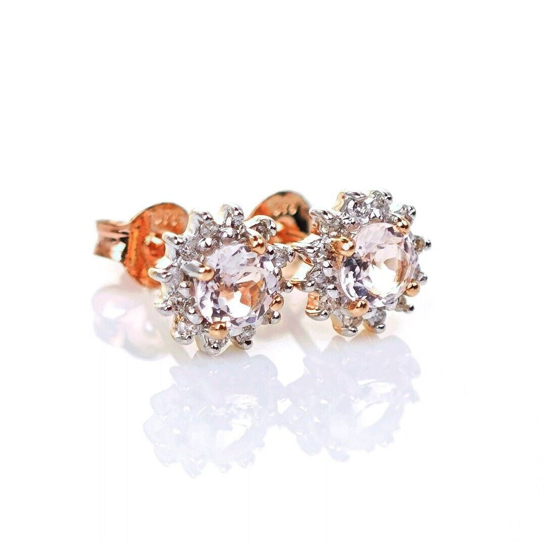 9ct Morganite Diamond  Earrings Studs Rose Gold Pink  0.46 ct  Natural Gemstone