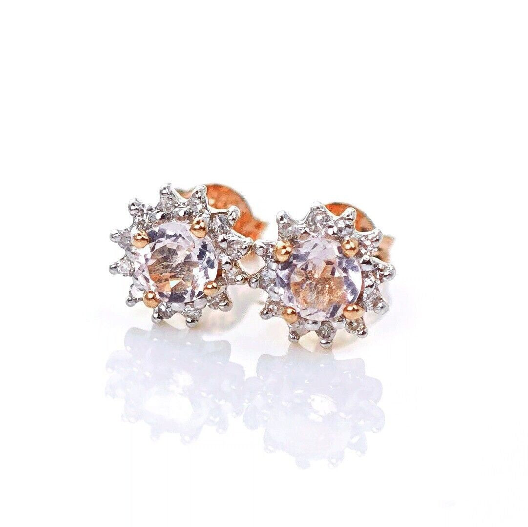 9ct Morganite Diamond  Earrings Studs Rose Gold Pink  0.46 ct  Natural Gemstone