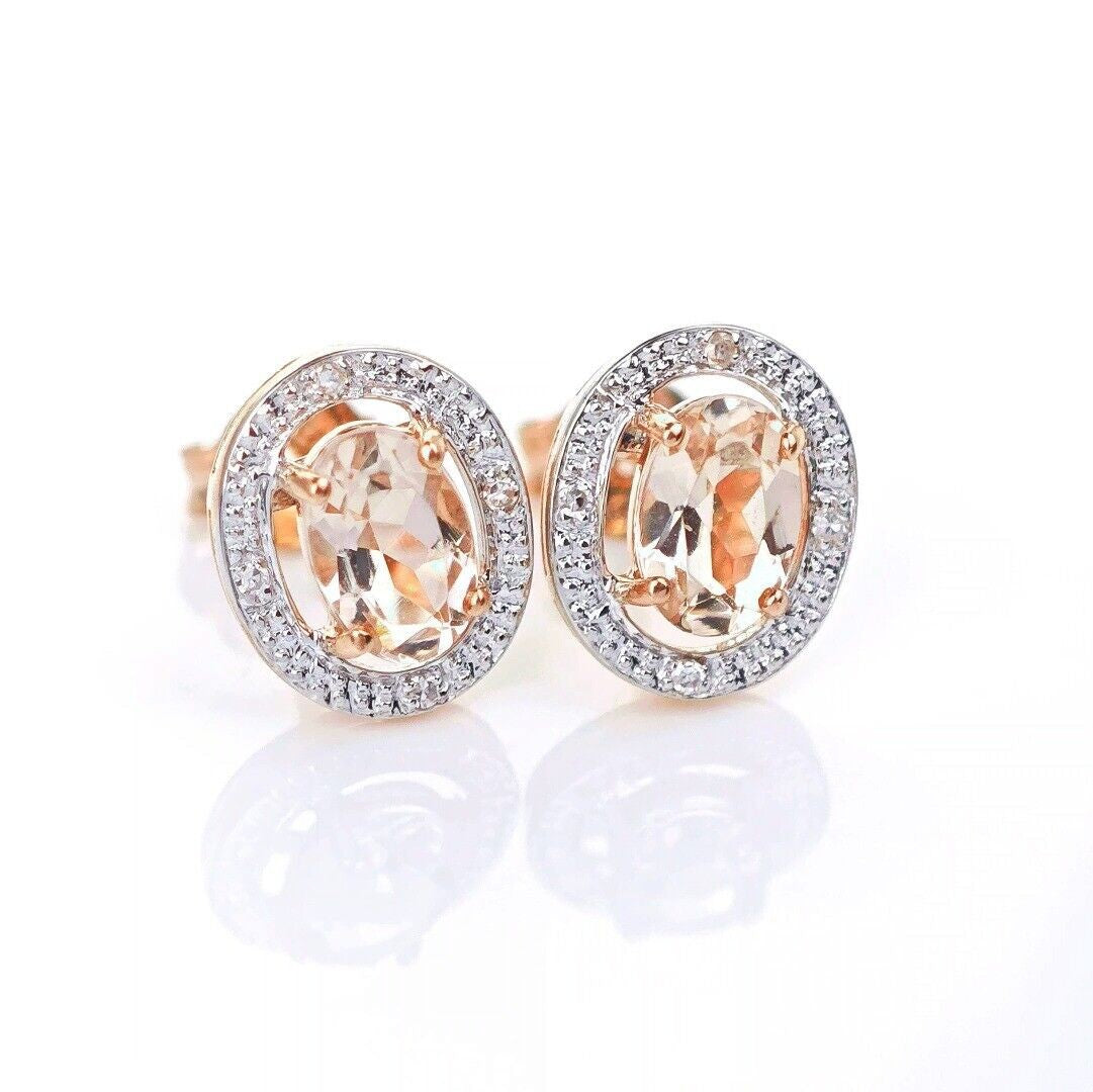 9ct Morganite Diamond Earrings Studs Rose Gold Pink  0.8 ct Natural Gemstone