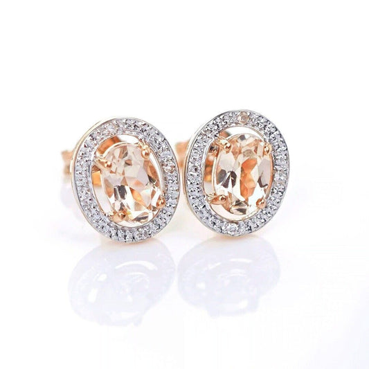9ct Morganite Diamond Earrings Studs Rose Gold Pink  0.8 ct Natural Gemstone