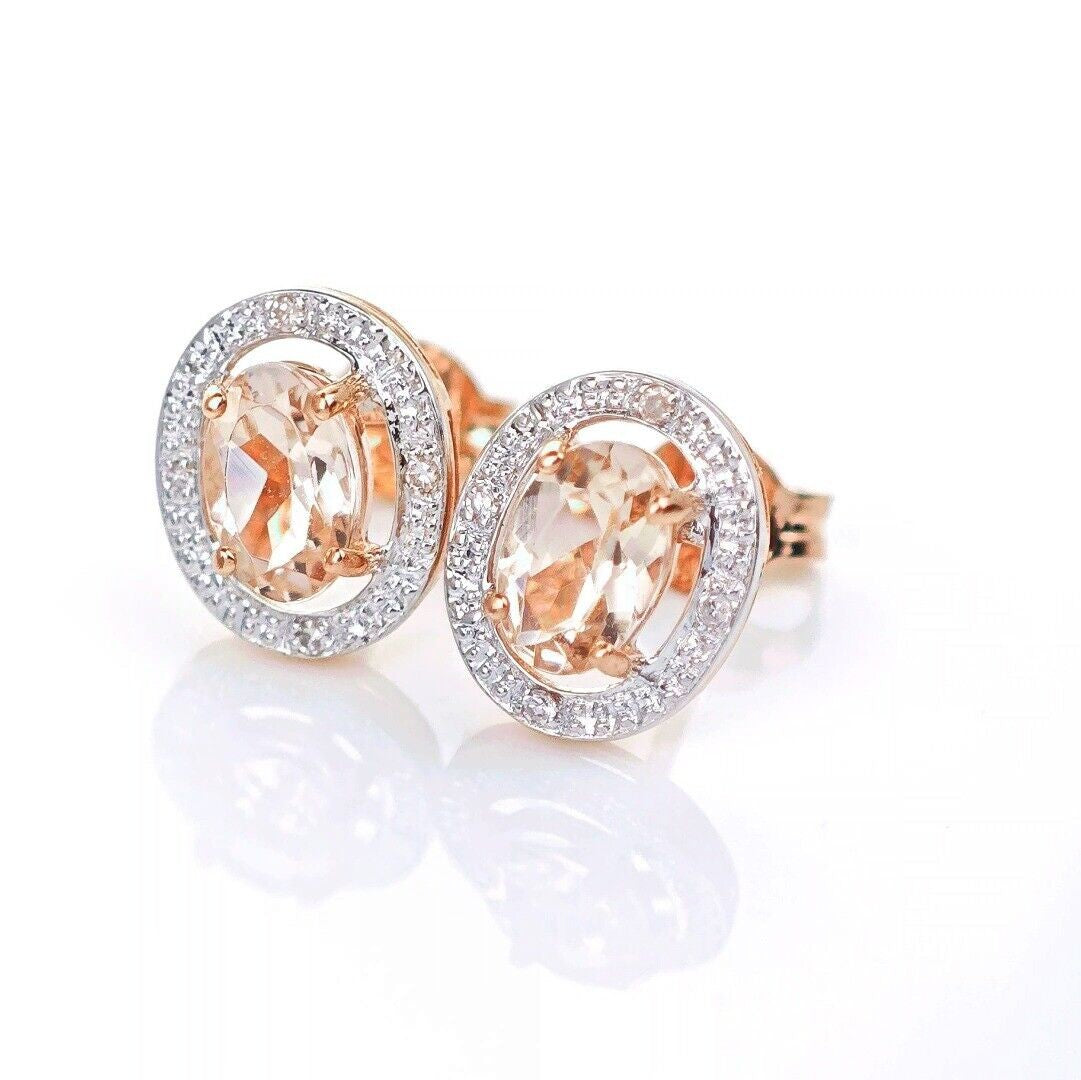 9ct Morganite Diamond Earrings Studs Rose Gold Pink  0.8 ct Natural Gemstone