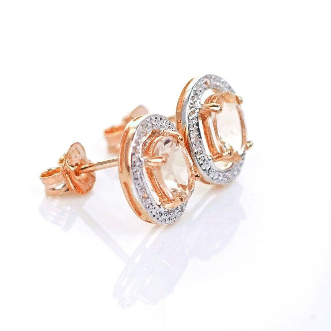 9ct Morganite Diamond Earrings Studs Rose Gold Pink  0.8 ct Natural Gemstone