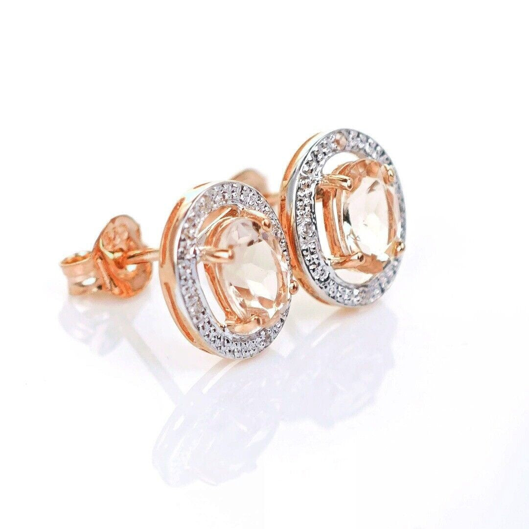 9ct Morganite Diamond Earrings Studs Rose Gold Pink  0.8 ct Natural Gemstone
