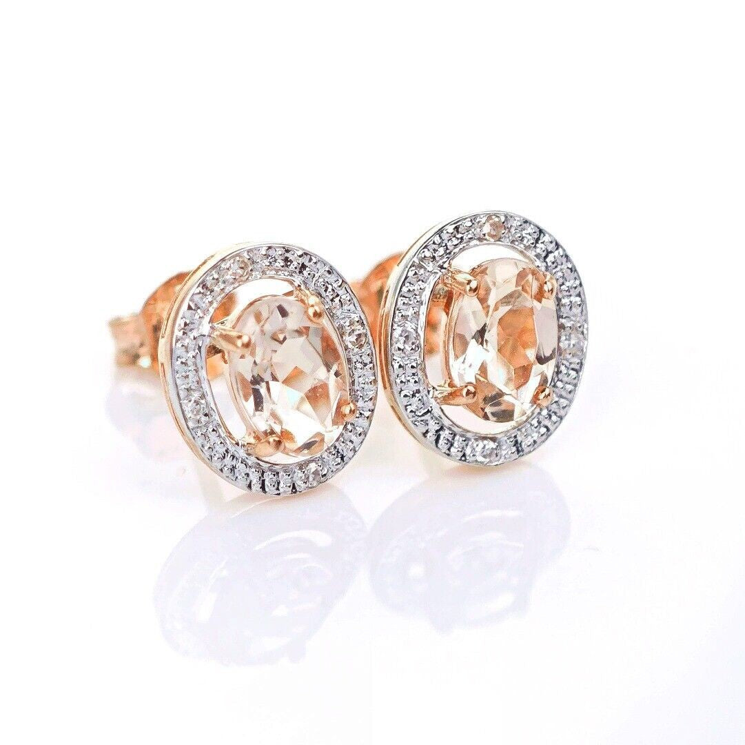 9ct Morganite Diamond Earrings Studs Rose Gold Pink  0.8 ct Natural Gemstone
