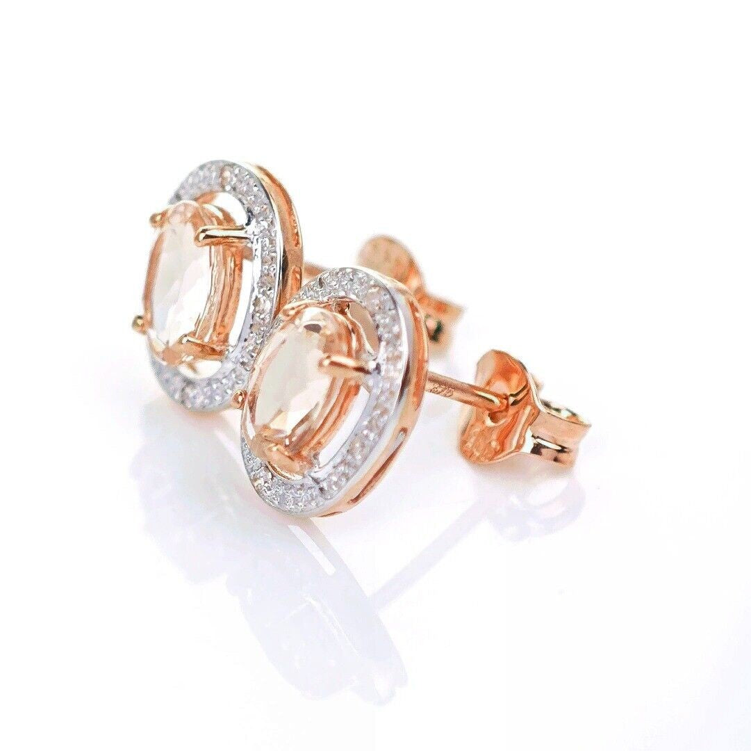 9ct Morganite Diamond Earrings Studs Rose Gold Pink  0.8 ct Natural Gemstone