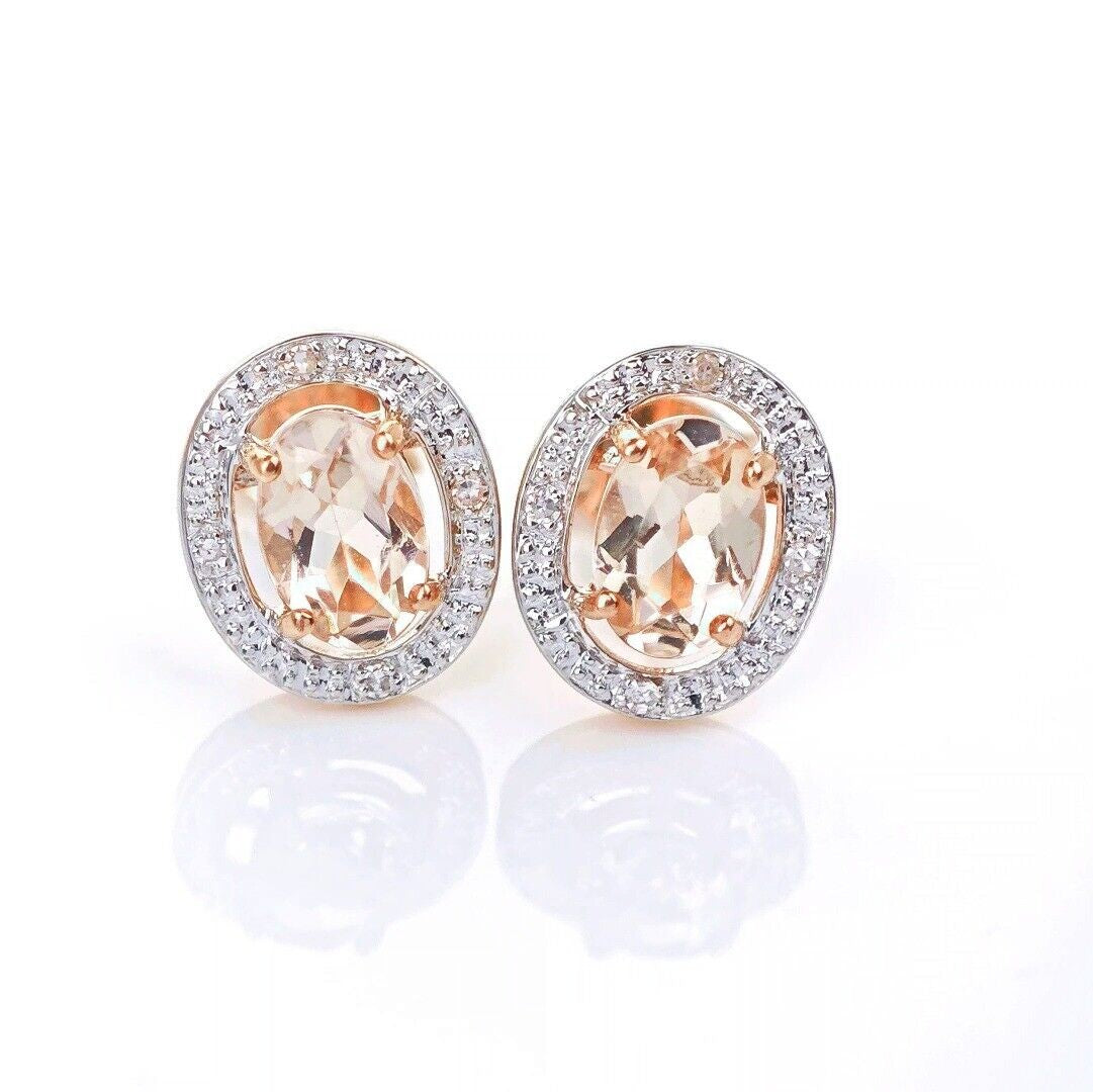 9ct Morganite Diamond Earrings Studs Rose Gold Pink  0.8 ct Natural Gemstone