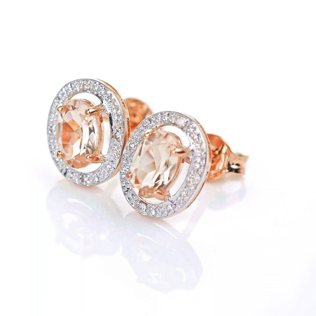 9ct Morganite Diamond Earrings Studs Rose Gold Pink  0.8 ct Natural Gemstone