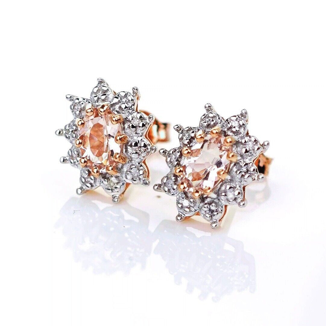 9ct Morganite Diamond  Earrings Studs Rose Gold Pink  0.71 ct  Natural Gemstone