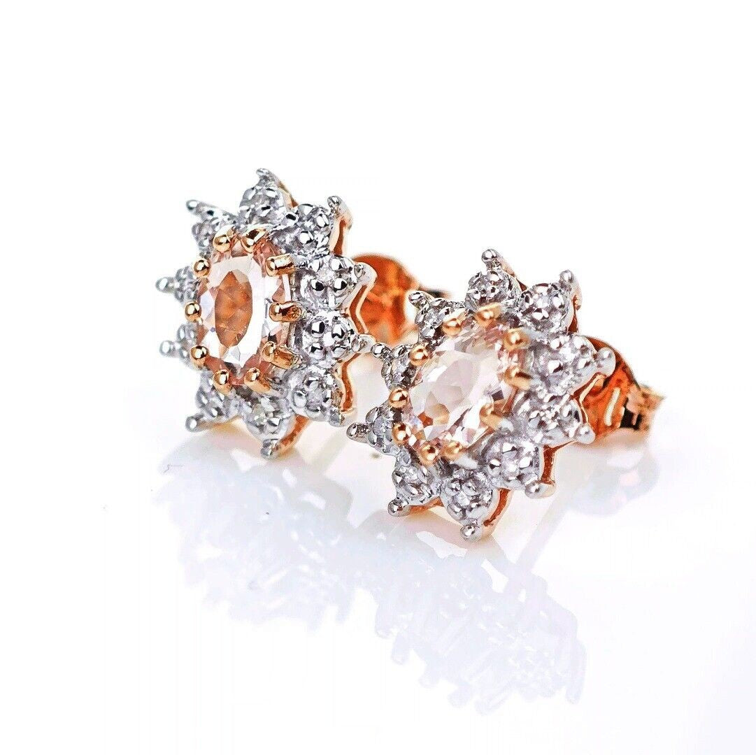 9ct Morganite Diamond  Earrings Studs Rose Gold Pink  0.71 ct  Natural Gemstone