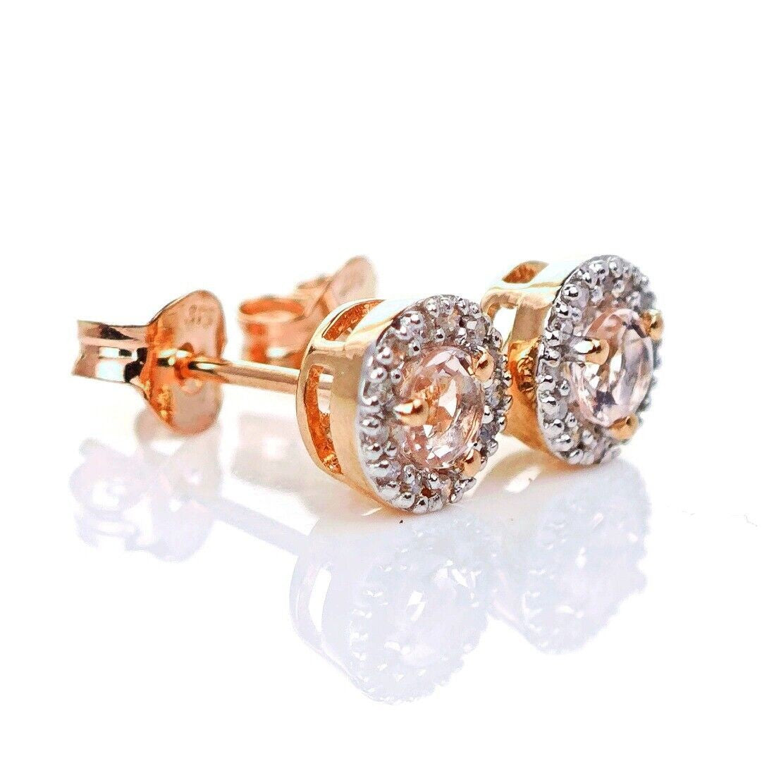 9ct Morganite Diamond  Earrings Studs Rose Gold Pink  0.29 ct  Natural Gemstone