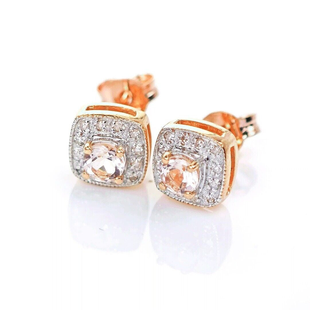 9ct Morganite Diamond  Earrings Studs Rose Gold Pink  0.29 ct  Natural Gemstone