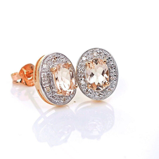 9ct Morganite Diamond  Earrings Studs Rose Gold Pink  0.8 ct  Natural Gemstonee