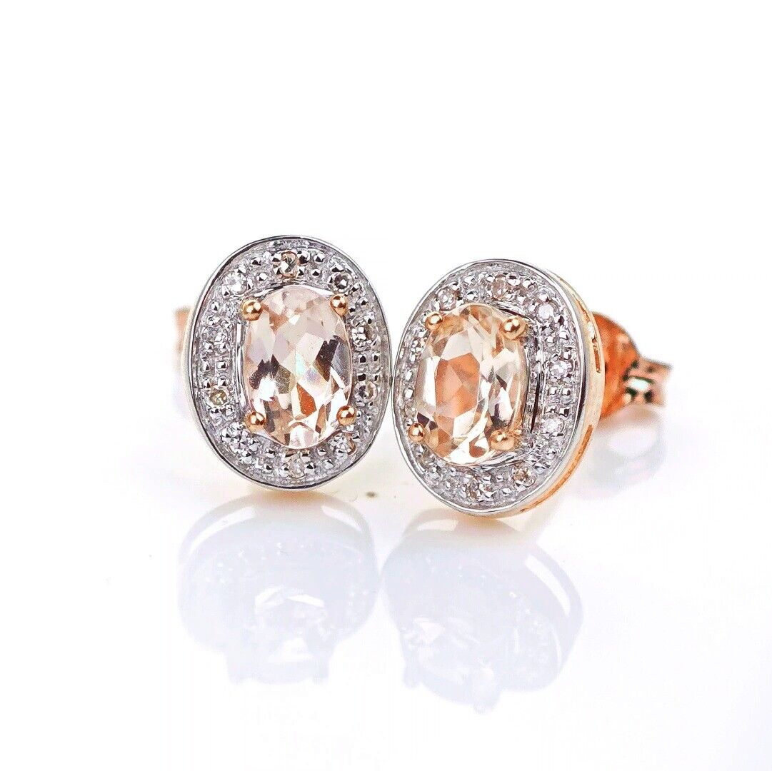 9ct Morganite Diamond  Earrings Studs Rose Gold Pink  0.8 ct  Natural Gemstonee