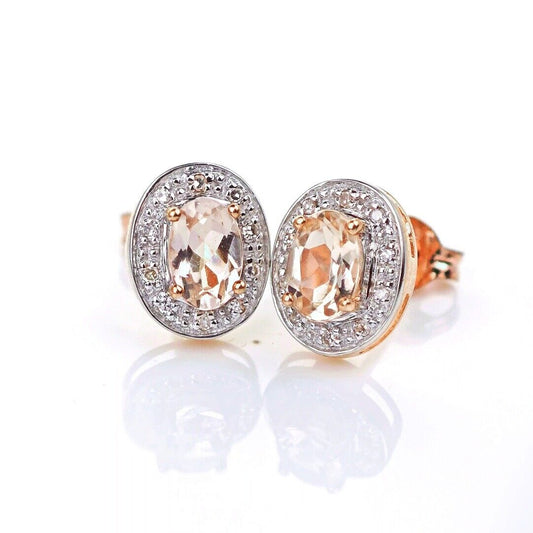 9ct Morganite Diamond  Earrings Studs Rose Gold Pink  0.8 ct  Natural Gemstonee