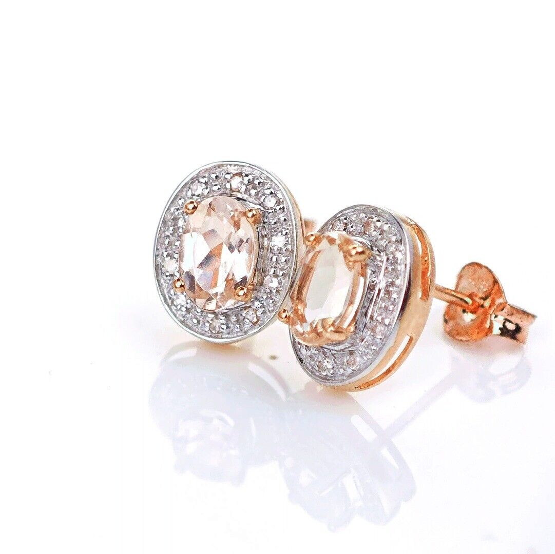 9ct Morganite Diamond  Earrings Studs Rose Gold Pink  0.8 ct  Natural Gemstonee