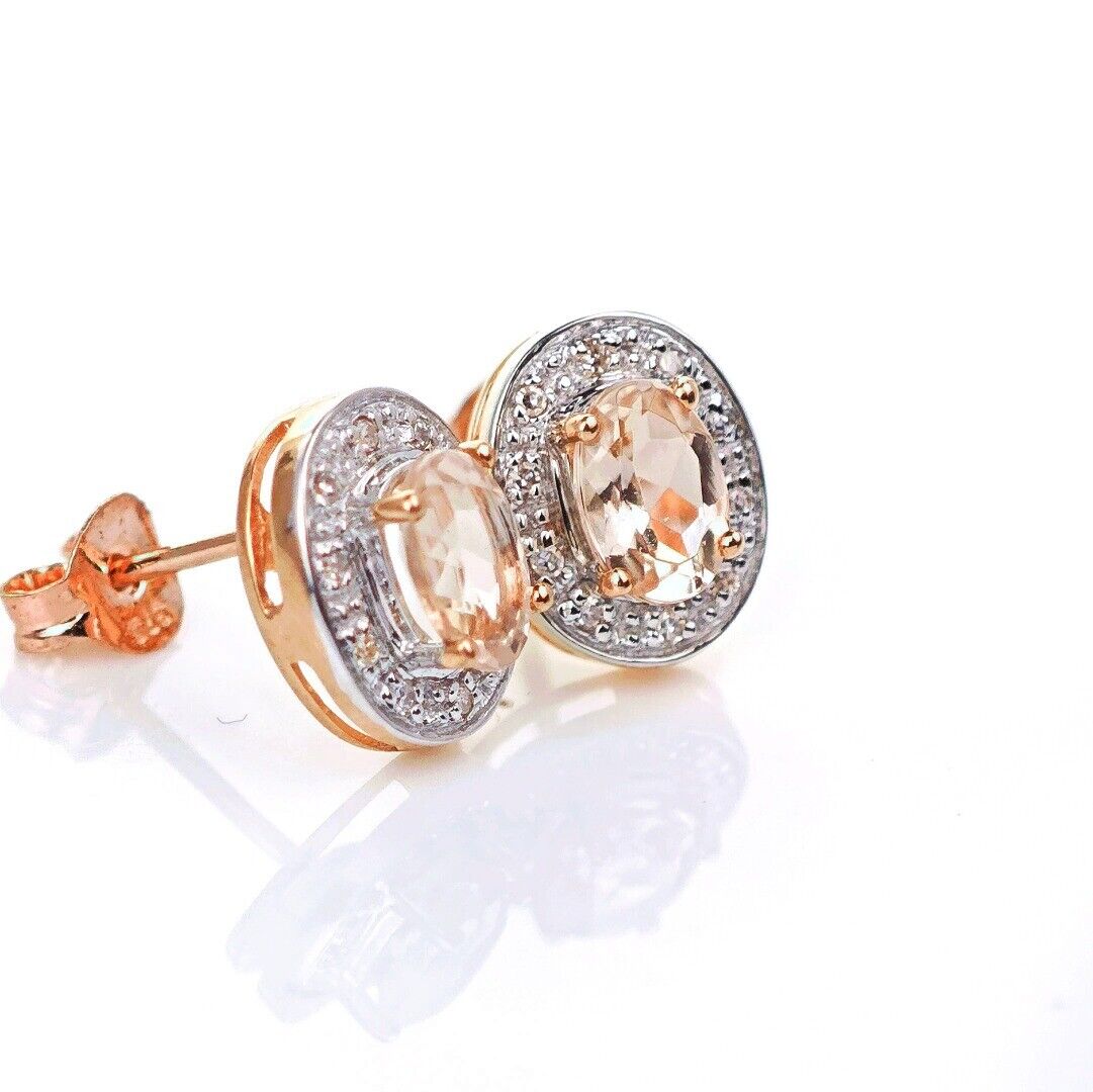 9ct Morganite Diamond  Earrings Studs Rose Gold Pink  0.8 ct  Natural Gemstonee