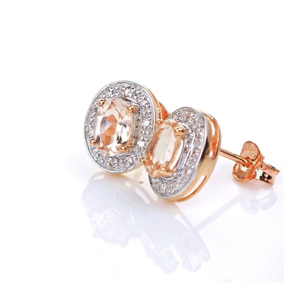 9ct Morganite Diamond  Earrings Studs Rose Gold Pink  0.8 ct  Natural Gemstonee