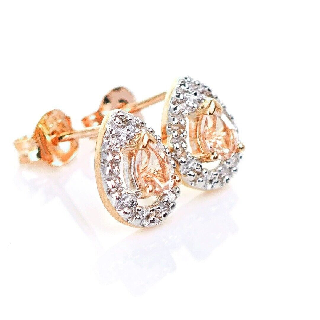 9ct Morganite Diamond  Earrings Studs Rose Gold Pink  0.32 ct  Natural Gemstone
