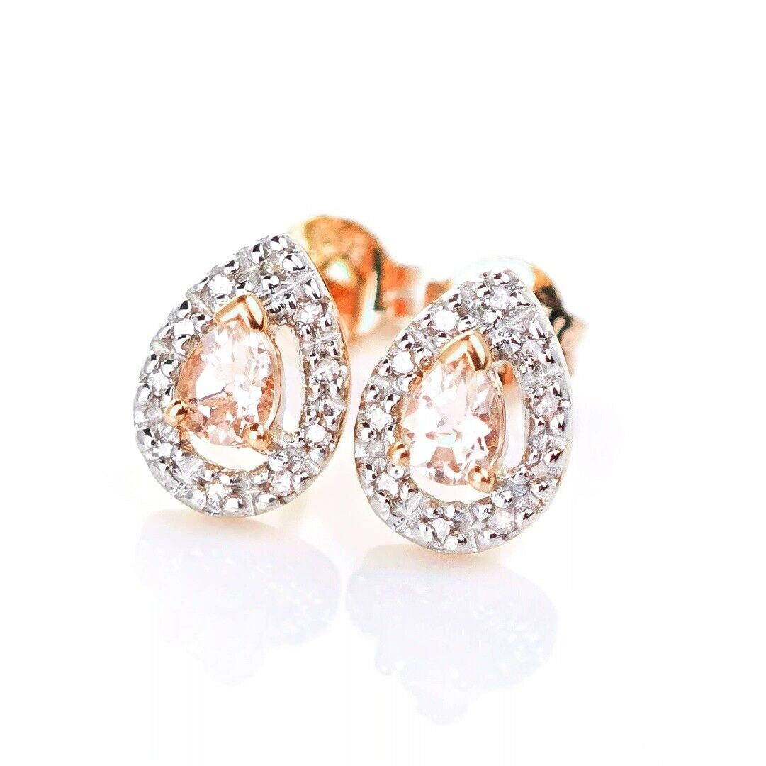9ct Morganite Diamond  Earrings Studs Rose Gold Pink  0.32 ct  Natural Gemstone