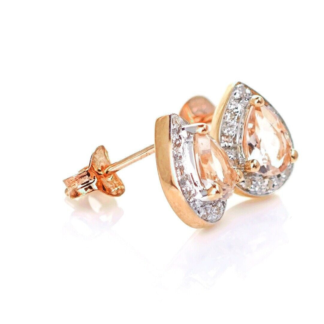 9ct Morganite Diamond  Earrings Studs Rose Gold Pink  0.58 ct  Natural Gemstone
