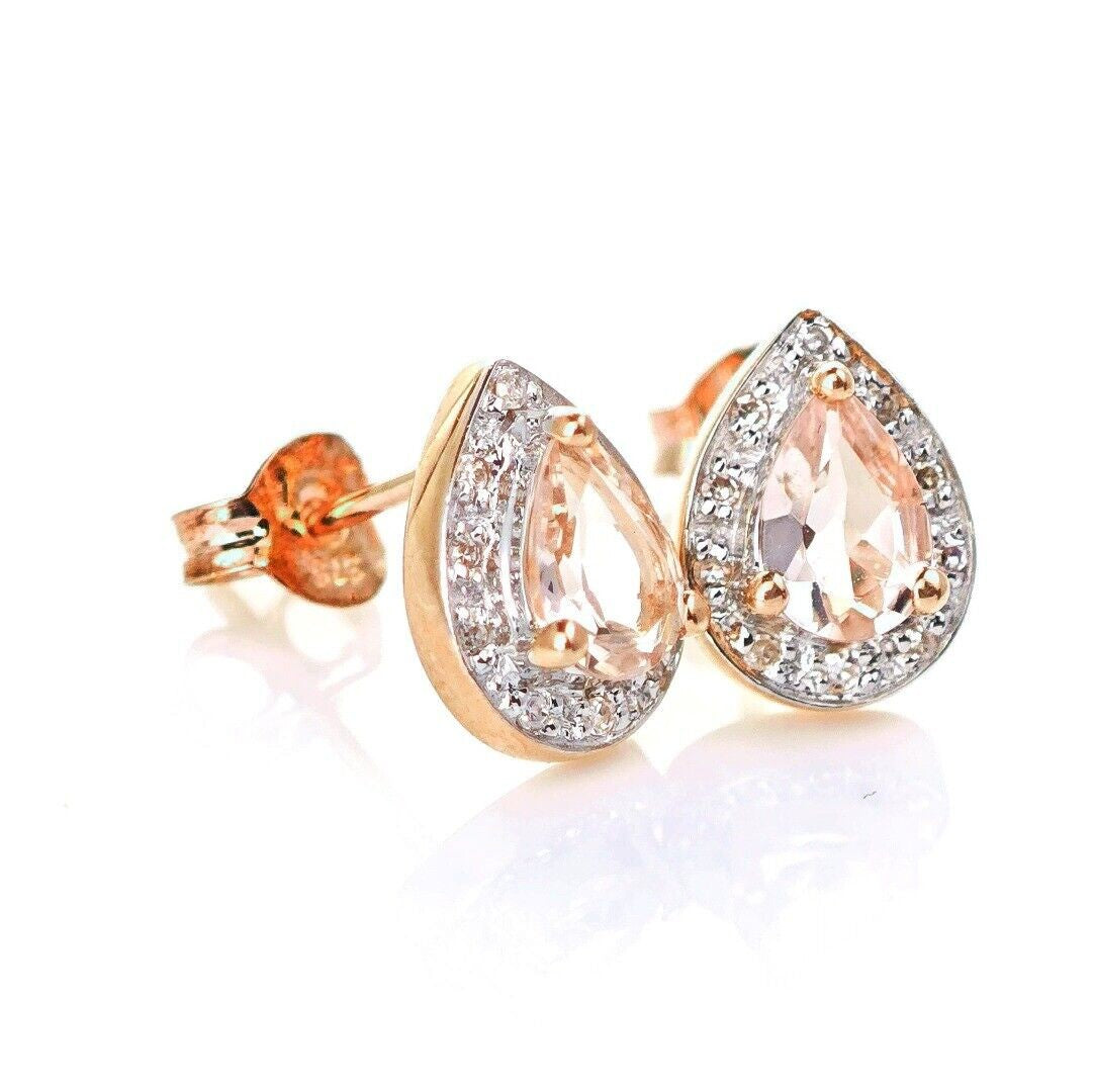 9ct Morganite Diamond  Earrings Studs Rose Gold Pink  0.58 ct  Natural Gemstone