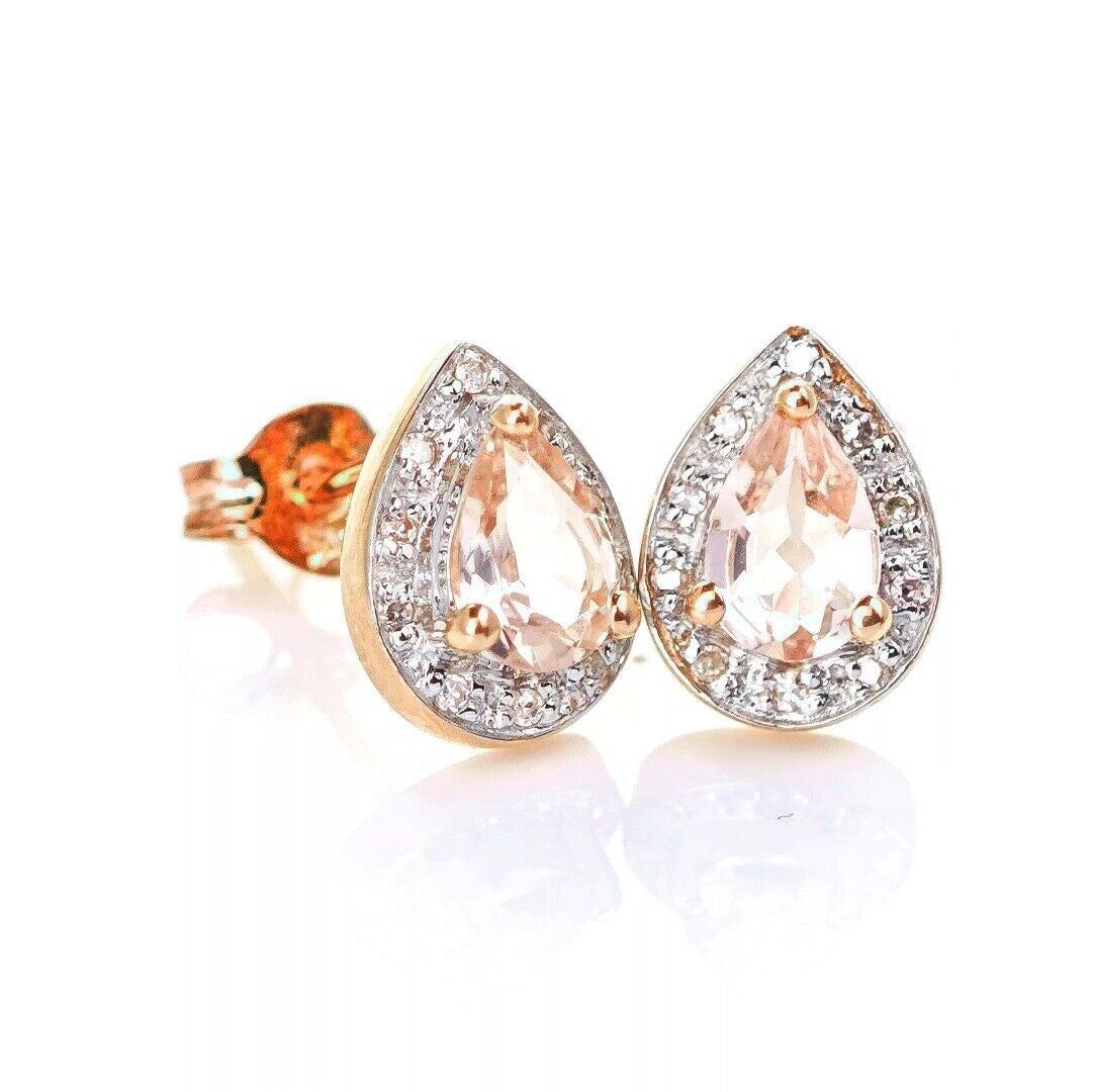 9ct Morganite Diamond  Earrings Studs Rose Gold Pink  0.58 ct  Natural Gemstone
