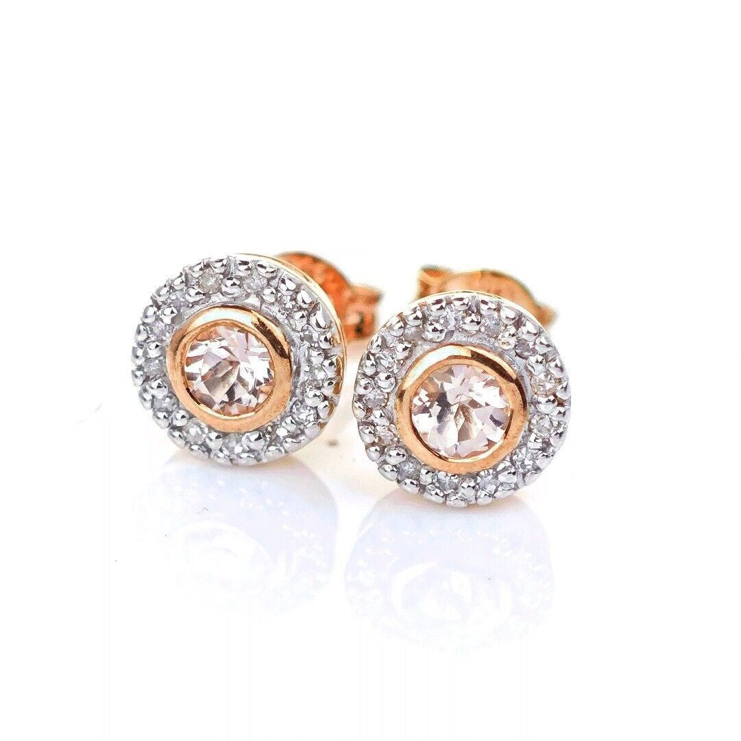 9ct Morganite Diamond Earrings Studs Rose Gold Pink 0.31 ct Natural Gemstone