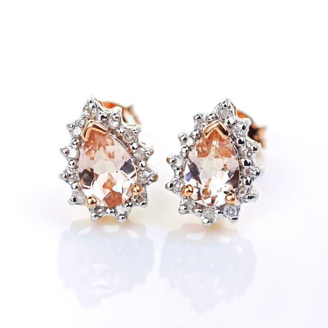 9ct Morganite Diamond Earrings Studs Rose Gold Pink 0.66 ct Natural Gemstone