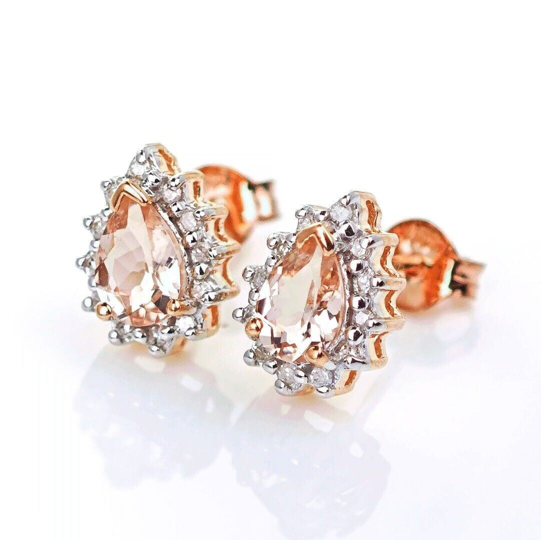 9ct Morganite Diamond Earrings Studs Rose Gold Pink 0.66 ct Natural Gemstone