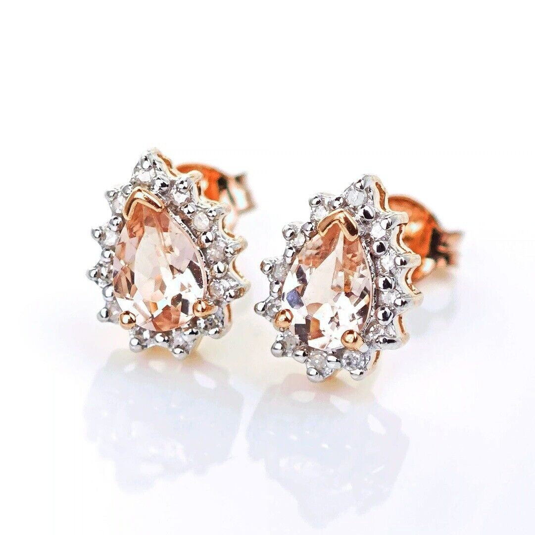 9ct Morganite Diamond Earrings Studs Rose Gold Pink 0.66 ct Natural Gemstone