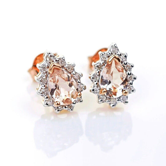 9ct Morganite Diamond Earrings Studs Rose Gold Pink 0.66 ct Natural Gemstone