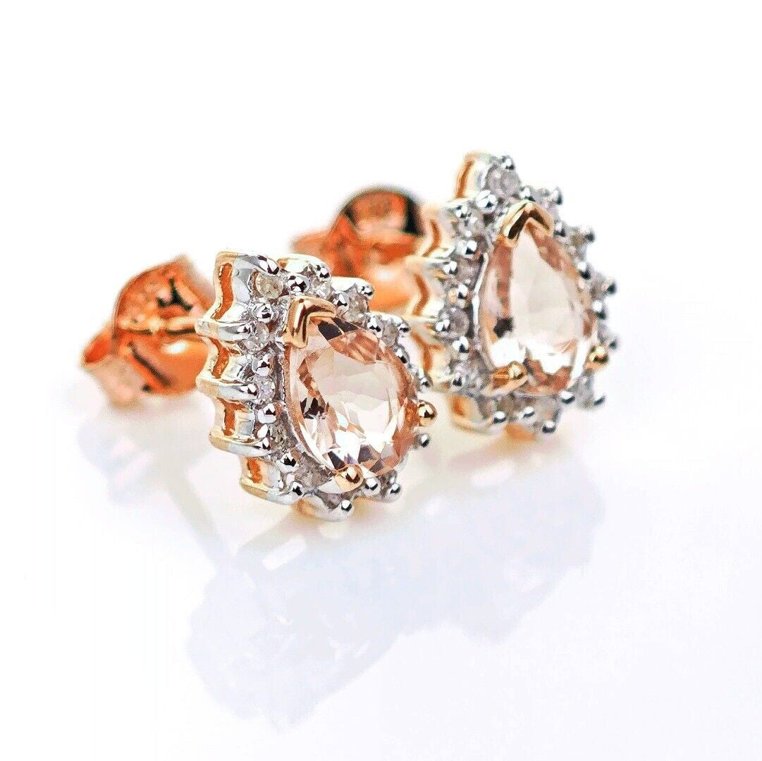 9ct Morganite Diamond Earrings Studs Rose Gold Pink 0.66 ct Natural Gemstone