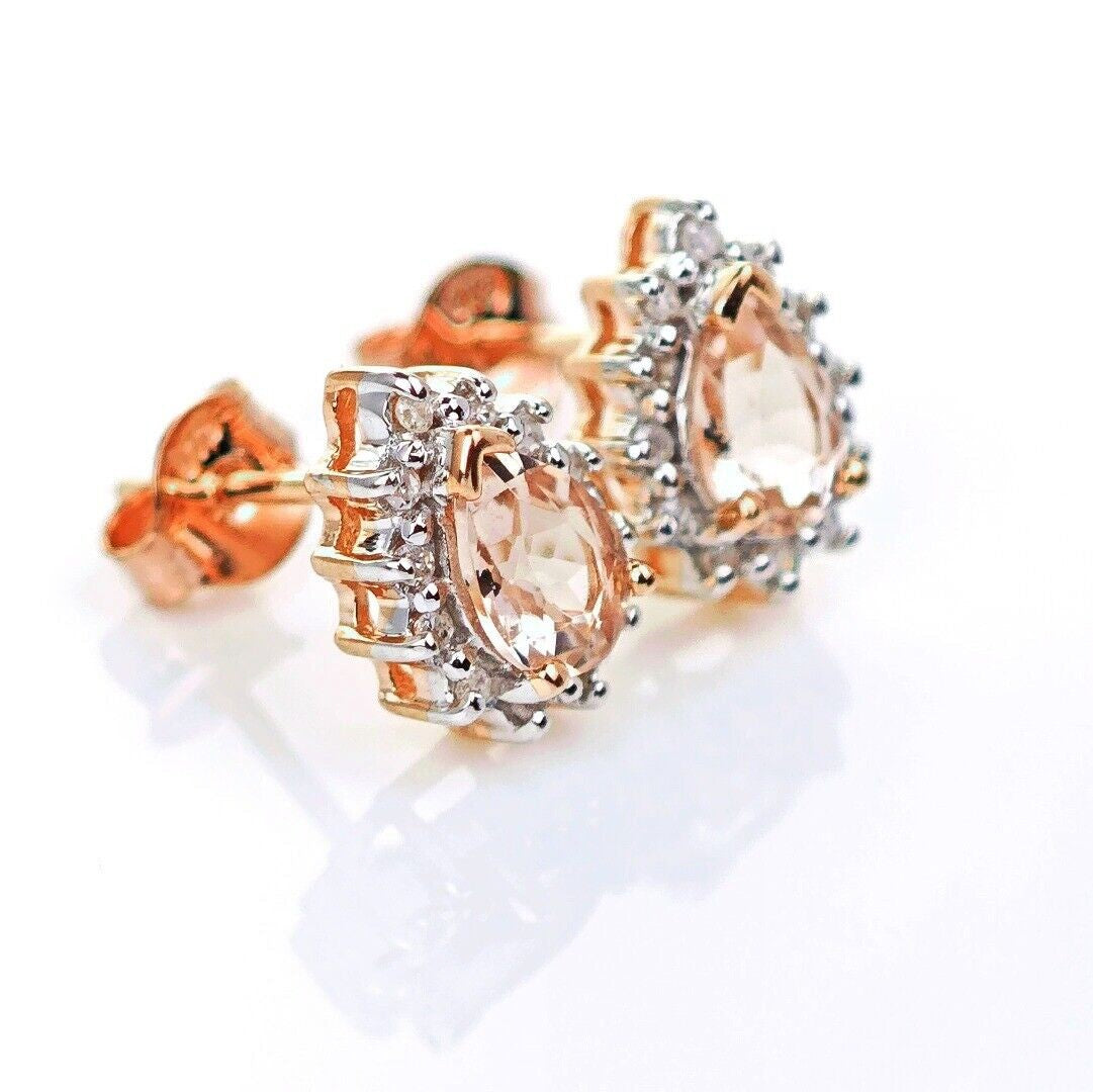 9ct Morganite Diamond Earrings Studs Rose Gold Pink 0.66 ct Natural Gemstone