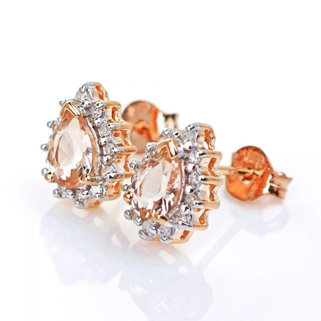 9ct Morganite Diamond Earrings Studs Rose Gold Pink 0.66 ct Natural Gemstone