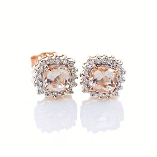9ct Morganite Diamond Earrings Studs Rose Gold Pink 1.04 ct Natural Gemstone